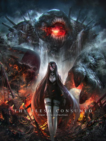 Anime picture 800x1067 with kantai collection battleship-symbiotic hime bacius single tall image looking at viewer fringe open mouth black hair hair between eyes red eyes sky cleavage very long hair horn (horns) blurry open clothes copyright name shiny skin text