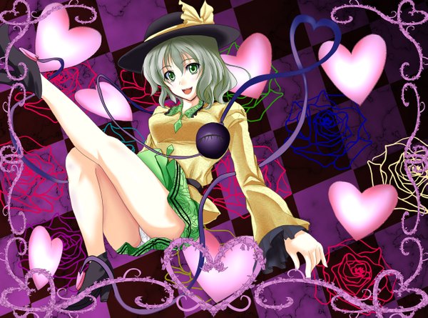 Anime picture 1307x971 with touhou komeiji koishi oimari (artist) short hair open mouth light erotic green eyes green hair pantyshot sitting checkered background heart of string girl underwear panties hat heart