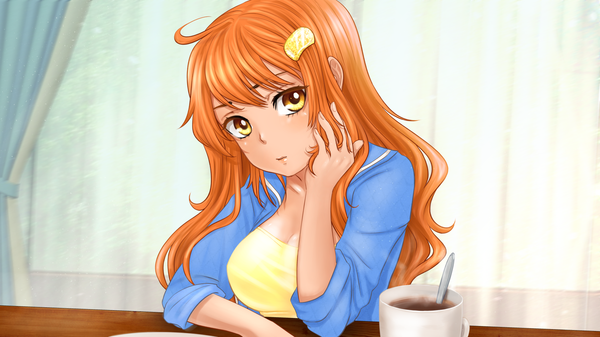Anime picture 1920x1080 with my lovely sister (eroge) olia (my lovely sister) orika nekoi single long hair looking at viewer blush fringe highres breasts wide image yellow eyes orange hair girl hair ornament hairclip cup clothes teacup