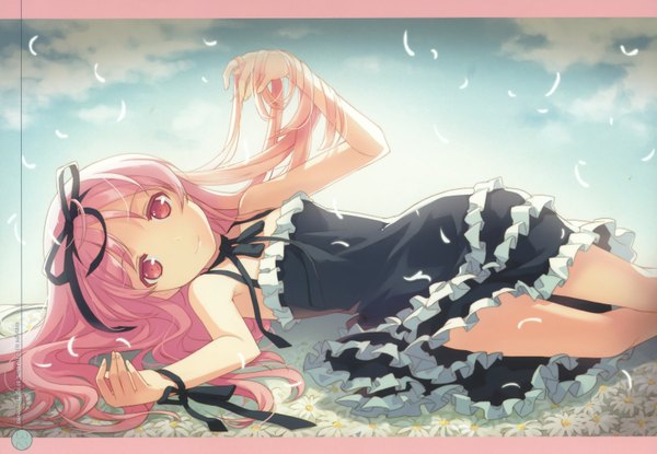Anime picture 3031x2098 with garden (galge) cuffs (studio) blonde blossom (artbook) himemiya ruri h2so4 single long hair looking at viewer highres smile bare shoulders pink hair sky cloud (clouds) lying pink eyes scan wallpaper on side girl