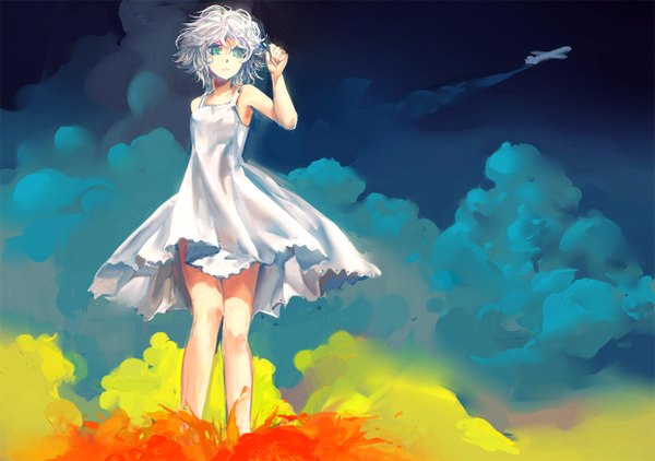 Anime picture 1240x874 with original rosicrucuans (pixiv) single short hair open mouth bare shoulders green eyes looking away sky cloud (clouds) white hair girl dress white dress aircraft airplane