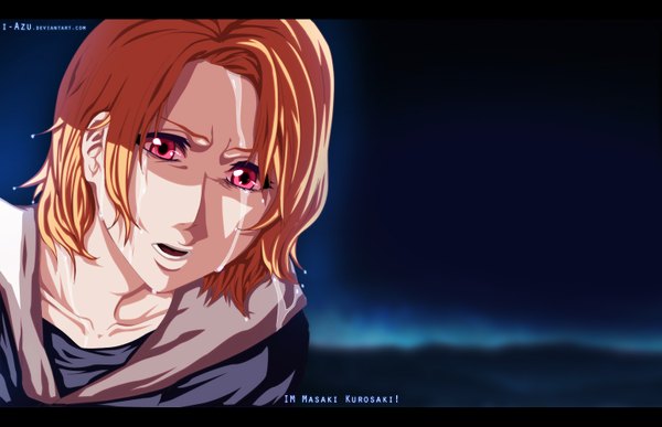 Anime picture 1550x1000 with bleach studio pierrot kurosaki masaki i-azu single short hair open mouth pink eyes orange hair inscription wet tears coloring letterboxed crying girl