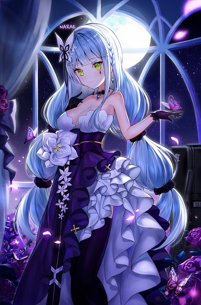 Anime picture 1067x1620 with girls frontline hk416 (girls frontline) hk416 (starry cocoon) (girls frontline) narae single long hair tall image looking at viewer blush fringe breasts smile standing green eyes signed cleavage silver hair braid (braids) night official alternate costume