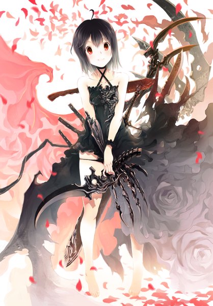 Anime picture 1000x1435 with original kopa (artist) single tall image looking at viewer short hair black hair smile red eyes bare shoulders girl dress weapon petals sword