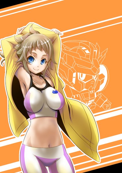 Anime picture 965x1364 with mobile suit gundam gundam build fighters sunrise (studio) hoshino fumina mana12 single tall image looking at viewer short hair breasts blue eyes light erotic smile large breasts grey hair bare belly armpit (armpits) midriff arms behind head girl