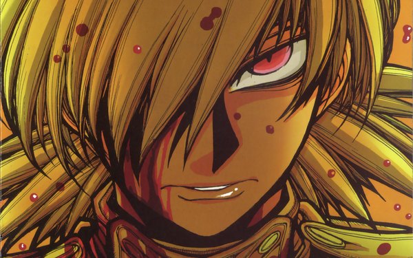 Anime picture 1920x1200 with hellsing seras victoria single fringe highres blonde hair red eyes wide image hair over one eye close-up girl uniform blood