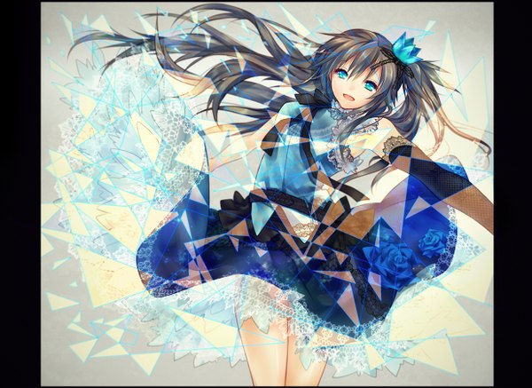 Anime picture 1234x900 with original madogawa single long hair open mouth blue eyes black hair girl dress gloves elbow gloves crown blue dress blue rose debris