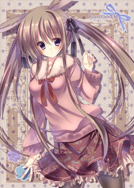 Anime picture 714x1000 with original amane ruri single long hair tall image blush black hair purple eyes animal ears girl skirt ribbon (ribbons) hair ribbon pantyhose clothes