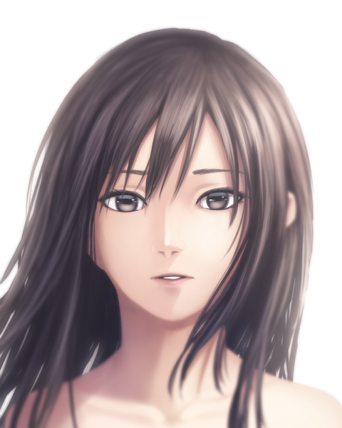Anime picture 800x1000 with original sugi 214 single long hair tall image looking at viewer fringe black hair simple background hair between eyes white background bare shoulders parted lips black eyes realistic teeth lipstick portrait pink lipstick makeup