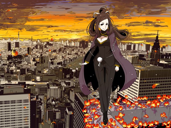 Anime picture 2560x1920 with 7th dragon single long hair highres black hair smile cloud (clouds) black eyes city evening sunset girl flower (flowers) building (buildings) cape suit