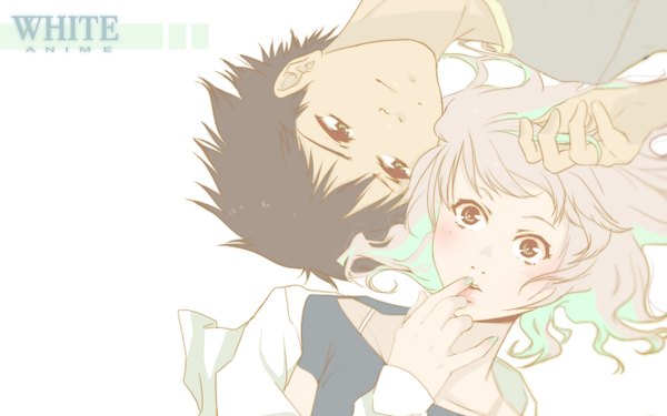 Anime picture 1440x900 with white anime (fatto in casa) angela vianello short hair simple background brown hair wide image white background green eyes pink hair lying nail polish grey hair couple hug finger to mouth girl boy cape