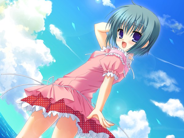 Anime picture 1200x900 with blush open mouth blue eyes game cg sky cloud (clouds) aqua hair girl dress skirt miniskirt