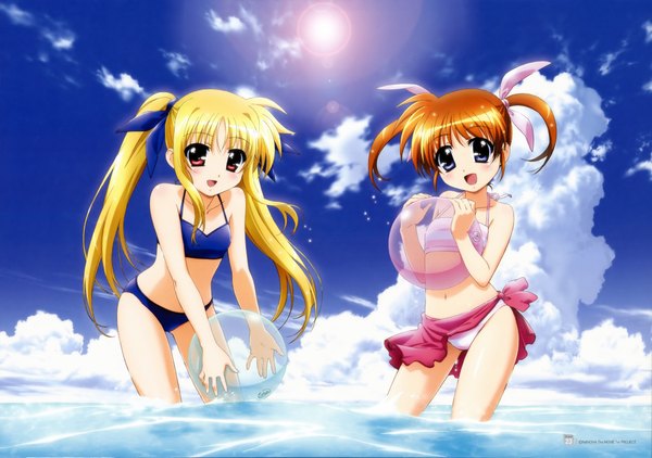 Anime picture 4211x2965 with mahou shoujo lyrical nanoha fate testarossa takamachi nanoha long hair blush highres open mouth blue eyes blonde hair red eyes twintails multiple girls absurdres cloud (clouds) orange hair short twintails girl 2 girls swimsuit beachball