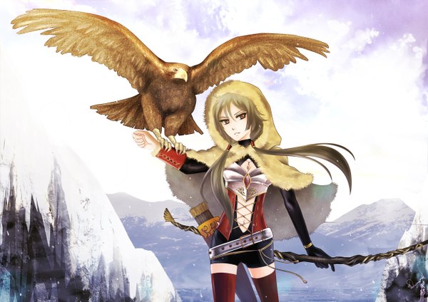Anime picture 1280x905 with original sakuyasworld (artist) single long hair looking at viewer red eyes brown hair mountain girl thighhighs dress weapon animal bird (birds) bow (weapon) arrow (arrows) eagle