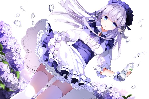 Anime picture 1200x800 with original yuuki kira single long hair looking at viewer blush fringe open mouth blue eyes purple hair blunt bangs zettai ryouiki girl thighhighs dress flower (flowers) petals white thighhighs frills bubble (bubbles)