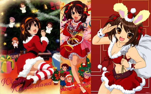 Anime picture 1920x1200 with suzumiya haruhi no yuutsu kyoto animation suzumiya haruhi nagato yuki asahina mikuru kyon koizumi itsuki highres wide image fur trim christmas bunny girl winter angel girl fur santa claus hat santa claus costume