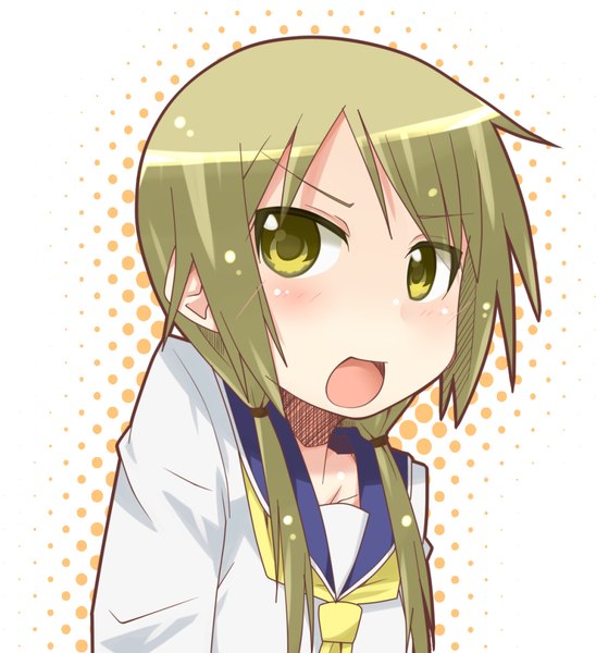 Anime picture 878x960 with yuyushiki ichii yui miiyon single long hair tall image looking at viewer blush open mouth blonde hair white background twintails yellow eyes upper body :o low twintails polka dot polka dot background >:o girl