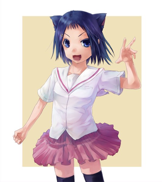 Anime picture 1096x1234 with saki ikeda kana shacchi single tall image looking at viewer short hair open mouth blue eyes animal ears blue hair cat ears girl thighhighs skirt uniform black thighhighs school uniform