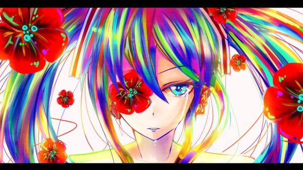 Anime picture 1280x720 with vocaloid hatsune miku single long hair open mouth wide image multicolored hair tears face crying multicolored eyes multicolored girl flower (flowers)