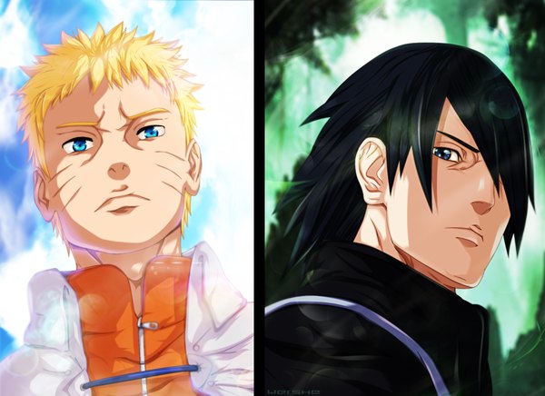 Anime picture 1406x1024 with naruto studio pierrot naruto (series) uzumaki naruto uchiha sasuke wershe fringe short hair blue eyes black hair blonde hair sky cloud (clouds) sunlight hair over one eye coloring facial mark multiview whisker markings jinchuriki