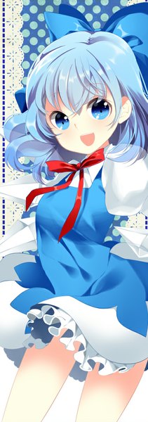 Anime picture 353x1000 with touhou cirno roh nam kyung single tall image blush short hair open mouth blue eyes smile blue hair loli girl dress bow ribbon (ribbons) hair bow sundress large bow