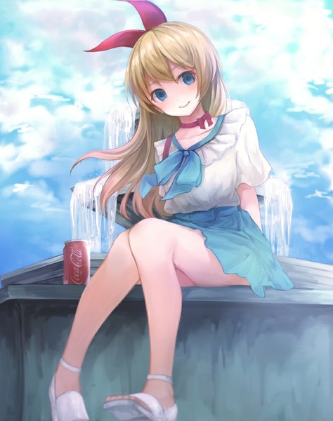 Anime picture 800x1013 with nisekoi shaft (studio) coca-cola kirisaki chitoge somma single long hair tall image looking at viewer blush blue eyes blonde hair smile sitting sky cloud (clouds) girl dress bow hair bow