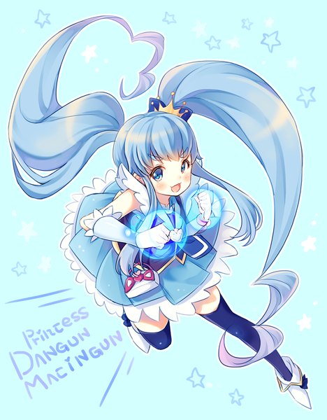 Anime picture 650x832 with precure happinesscharge precure! toei animation shirayuki hime cure princess yamucha single tall image looking at viewer blush fringe open mouth blue eyes twintails payot blue hair full body bent knee (knees) very long hair :d