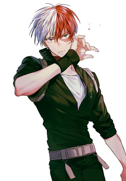Anime picture 700x1000 with boku no hero academia studio bones todoroki shouto sorolp single tall image looking at viewer fringe short hair simple background hair between eyes white background signed white hair red hair multicolored hair two-tone hair heterochromia scar boy