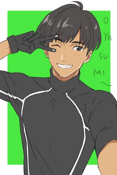 Anime picture 806x1200 with yuri!!! on ice mappa phichit chulanont natsuko (bluecandy) single tall image looking at viewer fringe short hair black hair simple background smile ahoge upper body one eye closed wink black eyes inscription text dark skin