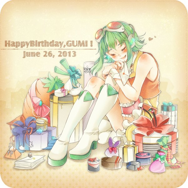 Anime picture 1934x1934 with vocaloid gumi nou single blush highres short hair open mouth simple background sitting bare shoulders eyes closed green hair character names happy happy birthday girl headphones wrist cuffs knee boots