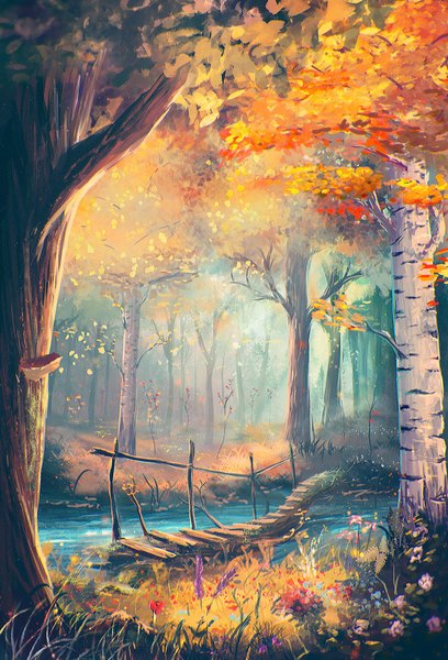 Anime picture 1350x1985 with original sylar113 tall image outdoors sunlight no people river flower (flowers) plant (plants) tree (trees) leaf (leaves) forest autumn leaves bridge