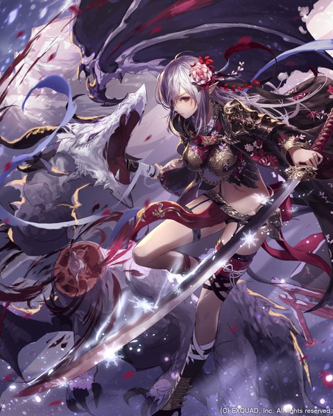 Anime picture 640x800 with shinma x keishou! ragnabreak wanke long hair tall image looking at viewer light erotic purple eyes holding purple hair bent knee (knees) pointy ears magic floral print fantasy purple background girl navel hair ornament weapon sword
