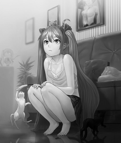 Anime picture 975x1151 with vocaloid hatsune miku lasterk single long hair tall image fringe breasts twintails looking away alternate costume monochrome reflection alternate color girl skirt plant (plants) miniskirt animal cat
