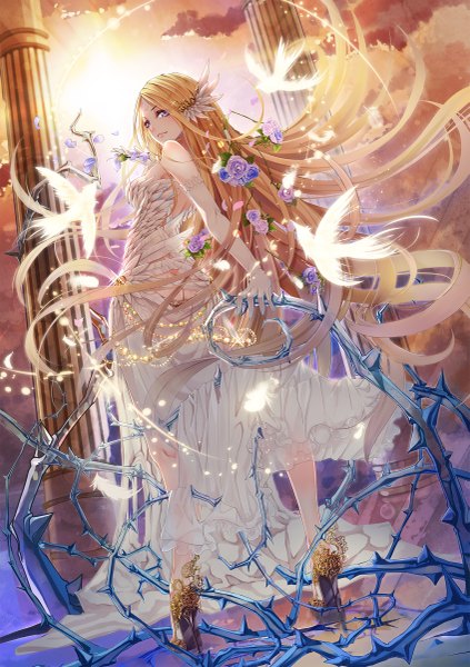 Anime picture 847x1200 with original wait (artist) single long hair tall image blush blonde hair purple eyes hair flower head wings girl dress hair ornament flower (flowers) animal wings bird (birds) feather (feathers) pillar column