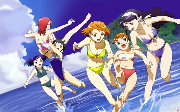 Anime picture 2560x1600 with mai hime mai-otome sunrise (studio) tokiha mai minagi mikoto arika yumemiya nina wong yuuki nao rena sayers highres light erotic wide image sky beach summer swimsuit bikini water sea
