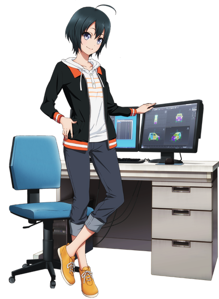 Anime picture 680x925 with shirobako p.a. works toudou misa single tall image looking at viewer short hair blue eyes black hair smile full body ahoge official art hand on hip transparent background girl shoes hood pants chair
