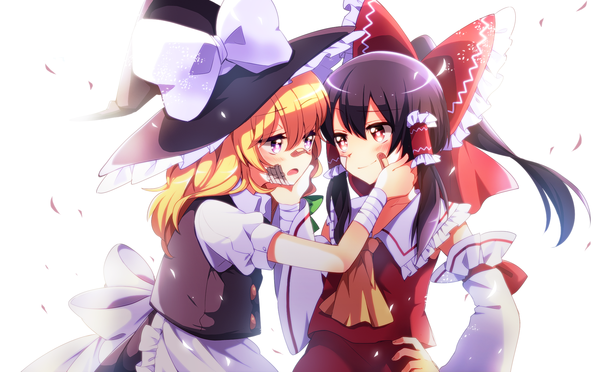 Anime picture 2000x1241 with touhou hakurei reimu kirisame marisa amahira long hair blush highres open mouth black hair blonde hair smile red eyes wide image white background multiple girls brown eyes witch bandaid on face bandaid on nose girl