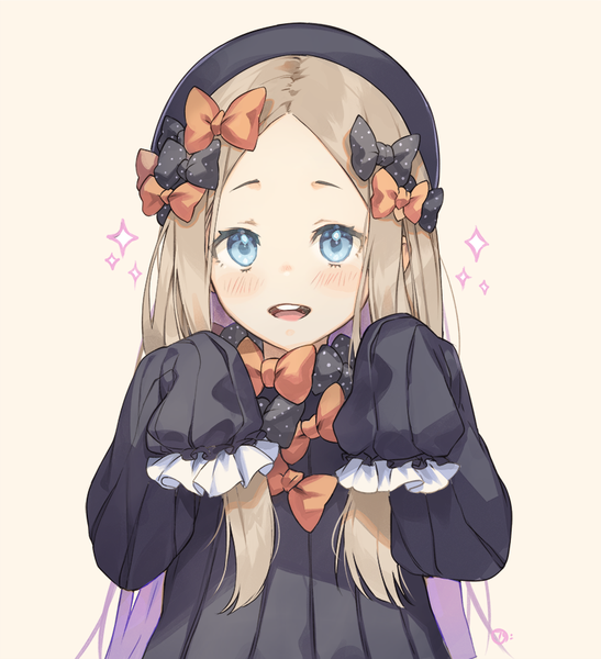 Anime picture 800x877 with fate (series) fate/grand order abigail williams (fate) naguri single long hair tall image looking at viewer blush open mouth blue eyes blonde hair simple background upper body long sleeves sparkle girl bow hair bow hat