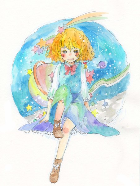 Anime picture 2753x3652 with touhou kirisame marisa konose single tall image looking at viewer blush highres short hair open mouth simple background blonde hair white background sitting wavy hair space traditional media watercolor (medium) girl dress