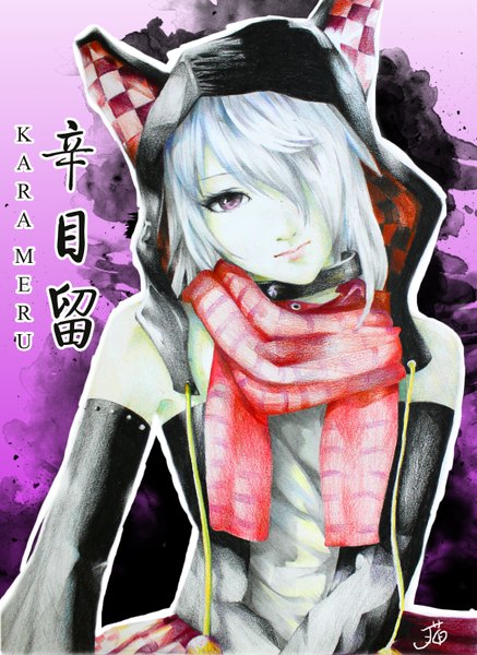 Anime picture 1156x1584 with jn3 single tall image looking at viewer fringe short hair purple eyes bare shoulders white hair lips hair over one eye inscription purple background girl scarf hood