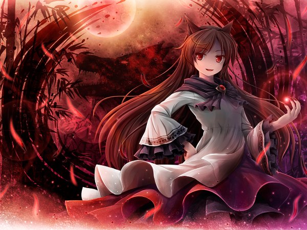 Anime picture 1200x900 with touhou imaizumi kagerou akashio (loli ace) single long hair looking at viewer open mouth smile red eyes brown hair animal ears sky long sleeves teeth fang (fangs) hand on hip wolf ears red moon girl animal