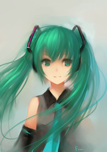 Anime picture 2480x3507 with vocaloid hatsune miku fom (lifotai) single long hair tall image highres simple background smile twintails bare shoulders aqua eyes aqua hair sleeveless girl detached sleeves necktie