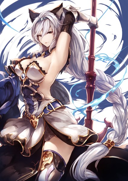 Anime picture 1400x1980 with granblue fantasy heles kyouya (mukuro238) single tall image looking at viewer fringe breasts light erotic simple background large breasts white background sitting holding brown eyes animal ears cleavage white hair braid (braids) very long hair