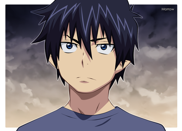 Anime picture 1711x1237 with ao no exorcist a-1 pictures okumura rin morrow single looking at viewer highres short hair blue eyes black hair sky cloud (clouds) portrait face vector boy