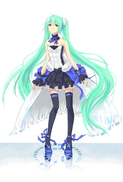 Anime picture 1000x1480 with vocaloid hatsune miku single tall image blue eyes simple background white background twintails very long hair aqua hair girl thighhighs dress black thighhighs frills