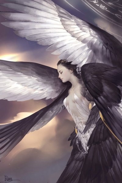 Anime picture 1000x1500 with original ray (author) single long hair tall image blush signed sky cloud (clouds) eyes closed profile realistic dark hair girl hair ornament wings hairclip