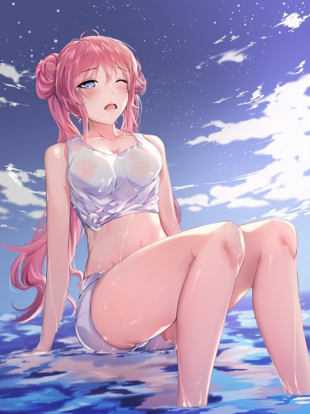 Anime picture 900x1200 with a-line single long hair tall image blush fringe breasts open mouth blue eyes light erotic sitting twintails bare shoulders pink hair sky cloud (clouds) one eye closed bare belly bare legs wet