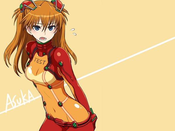 Anime picture 1024x768 with neon genesis evangelion gainax soryu asuka langley chan\u00d7co orange background pilot suit