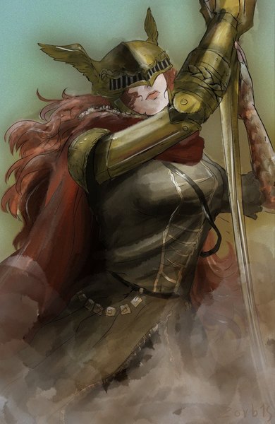 Anime picture 641x985 with elden ring malenia blade of miquella zorb1s single long hair tall image simple background holding signed upper body red hair arms up smoke girl weapon cape helmet prosthesis blade