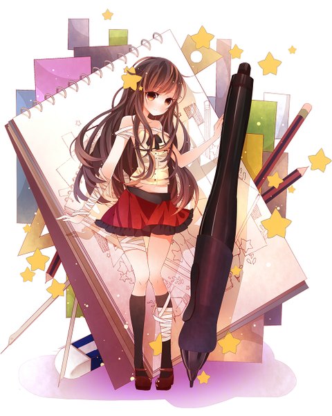 Anime picture 1000x1249 with original karei (pixiv 3289464 ) single long hair tall image looking at viewer blush brown hair bare shoulders brown eyes light smile girl skirt socks star (symbol) black socks bandage (bandages) pen pencil notebook